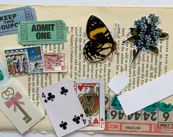 Puede incluir: Un collage de estilo vintage sobre papel envejecido. Incluye una pegatina de mariposa, naipes, sellos postales, boletos, una ilustración de llave y una pegatina floral. El texto "KEEP THIS COUPON" y "ADMIT ONE" son visibles.