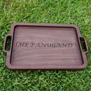 Personalized Walnut Serving Tray with Handles | Custom Engraved Family Name Platter