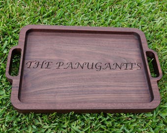 Personalized Walnut Serving Tray with Handles | Custom Engraved Family Name Platter