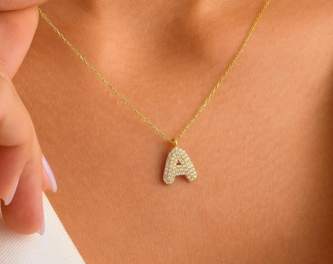 Bubble Letter Necklace Finished with Zircon Stones, 3D Initial Pendant, Christmas Gift