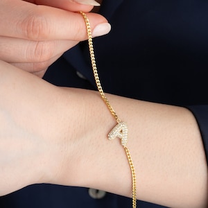 Bubble Letter Bracelet with Zircon Stones, Custom 3D Initial Bracelet, Unique Letter Bracelet, Mother&#39;s Day Gift, Gift For Mom