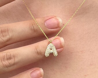 Bubble Letter Necklace Finished with Zircon Stones, 3D Letter Necklace, Bubble Initial Necklace, Gift For Her, Mother's Day Gift