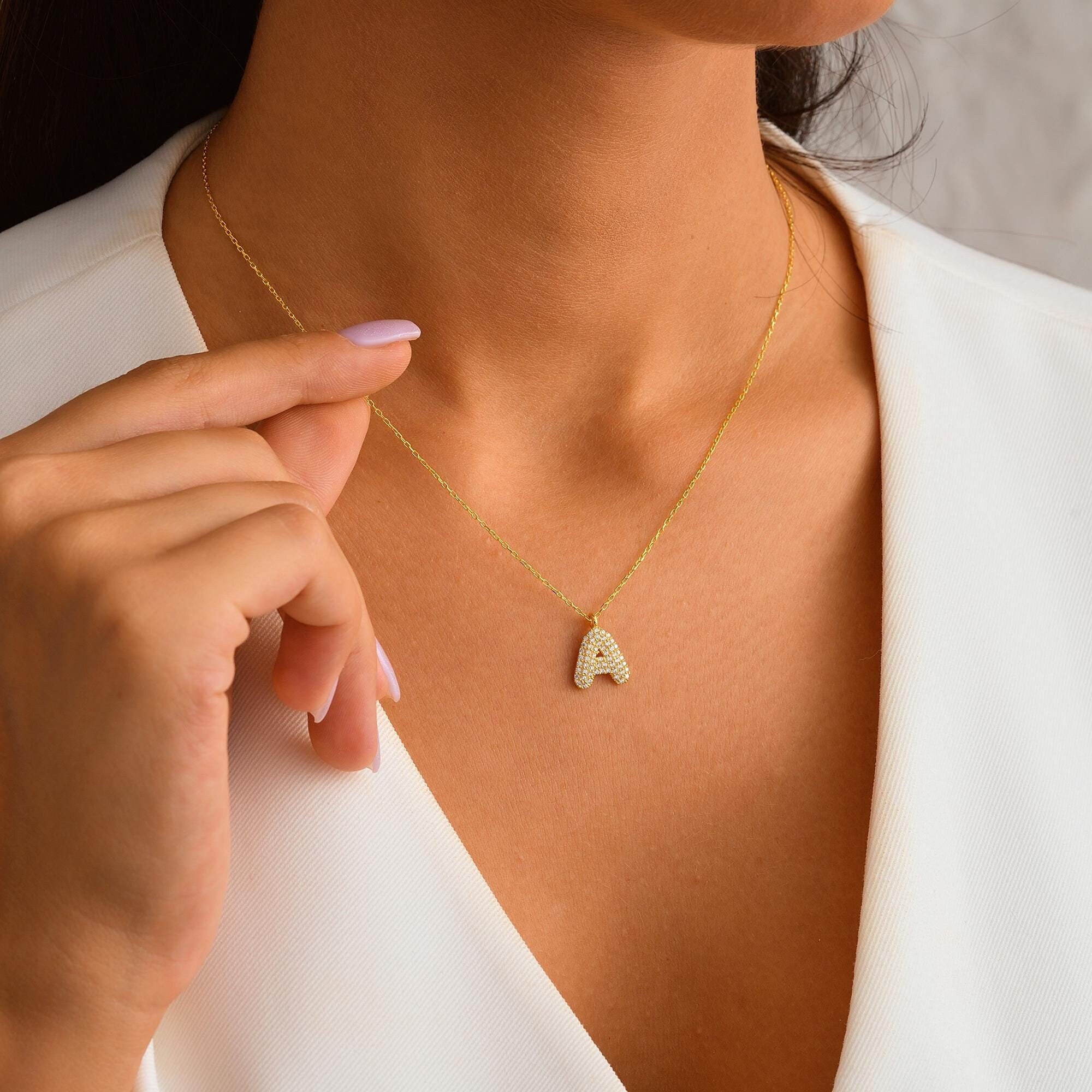 Bubble Letter Necklace Finished with Zircon Stones, 3D Initial Pendant, Christmas Gift