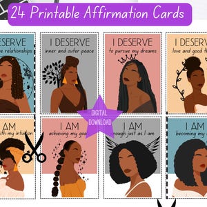 Herunterladbar, I AM AFFIRMATIONS, positive Affirmationskarten, schwarzes Mädchen, Selbstliebe, druckbare Karten, tägliche Affirmationen, schwarzer Laden