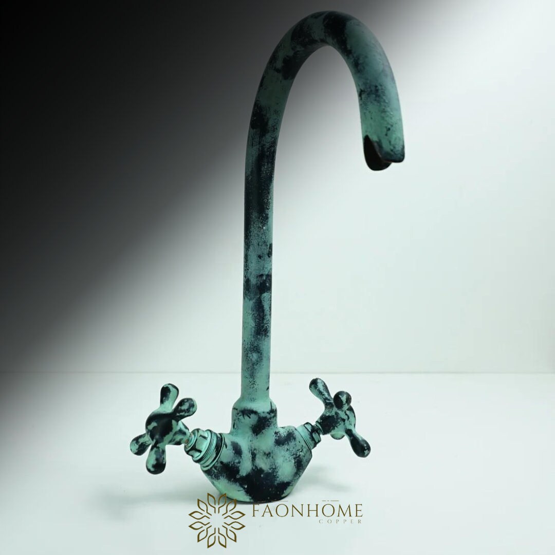Green Patina Brass Gooseneck Bathroom Faucet, Vintage Green Patina ...
