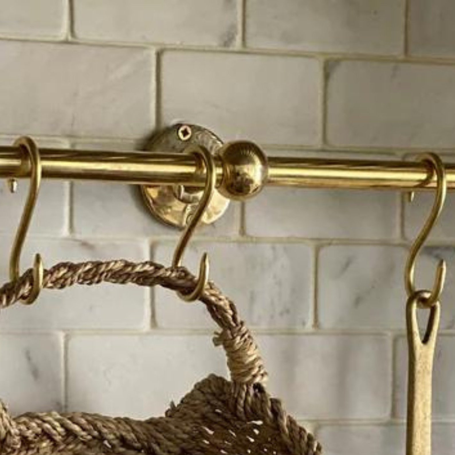 Unlacquered Brass Wall Pot Rack With Kitchen Rail and Hooks Moroccan ...