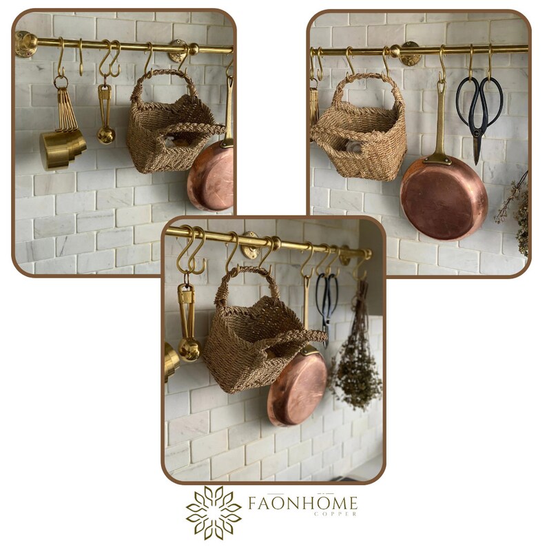 Unlacquered Brass Wall Pot Rack With Kitchen Rail and Hooks Moroccan ...