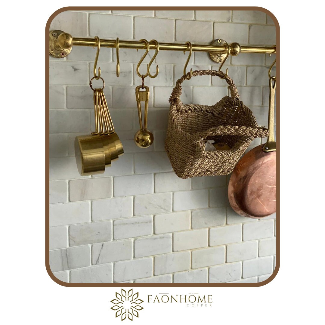 Unlacquered Brass Wall Pot Rack With Kitchen Rail and Hooks Moroccan ...