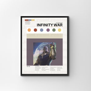 Puede incluir: Un póster de película para Avengers: Infinity War, con Thanos con el Guantelete del Infinito. El póster es de estilo minimalista con un fondo morado y una paleta de colores amarillo, naranja, rojo, azul, morado, verde y amarillo. El texto "Avengers/ Infinity War" está en blanco y el texto "2018" está en negro.