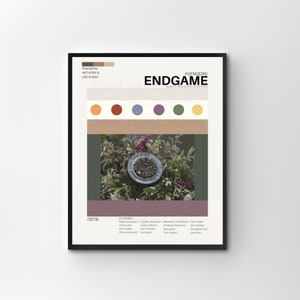 Puede incluir: Un póster de película minimalista para la película Avengers: Endgame. El póster presenta una paleta de colores naranja, rojo, azul, morado, verde y amarillo. El título "Avengers: Endgame" está en texto blanco sobre fondo negro. El póster también presenta una foto de un arreglo floral con un disco de metal en el centro. El texto "2019" está en la esquina inferior izquierda del póster. El texto "Protagonizada por" está en la esquina inferior derecha del póster, seguido de una lista de actores.