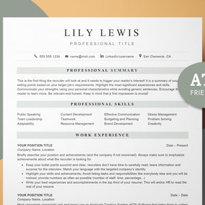 Könnte beinhalten: Eine Lebenslaufvorlage mit dem Titel "Lily Lewis" und der Überschrift "Beruflicher Titel". Der Lebenslauf enthält Abschnitte für eine berufliche Zusammenfassung, berufliche Fähigkeiten und Berufserfahrung. Die Vorlage ist so konzipiert, dass sie ATS-freundlich ist.