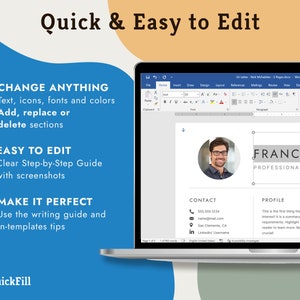 Easy to use Resume template, Easy to edit resume. You can change texts, icons, fonts and colors. Change, replace or delete sections. Includes a step-by-step guide with screenshots and a free resume writing guide