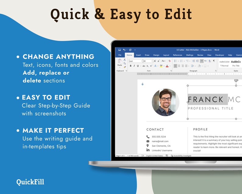 Easy to use Resume template, Easy to edit resume. You can change texts, icons, fonts and colors. Change, replace or delete sections. Includes a step-by-step guide with screenshots and a free resume writing guide