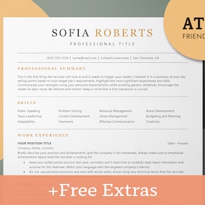 Könnte beinhalten: Eine Lebenslaufvorlage mit dem Titel "ATS Friendly" und dem Namen "Sofia Roberts" oben. Die Vorlage enthält Abschnitte für eine berufliche Zusammenfassung, Fähigkeiten und Berufserfahrung. Der Text "+Free Extras" befindet sich am unteren Rand der Seite.