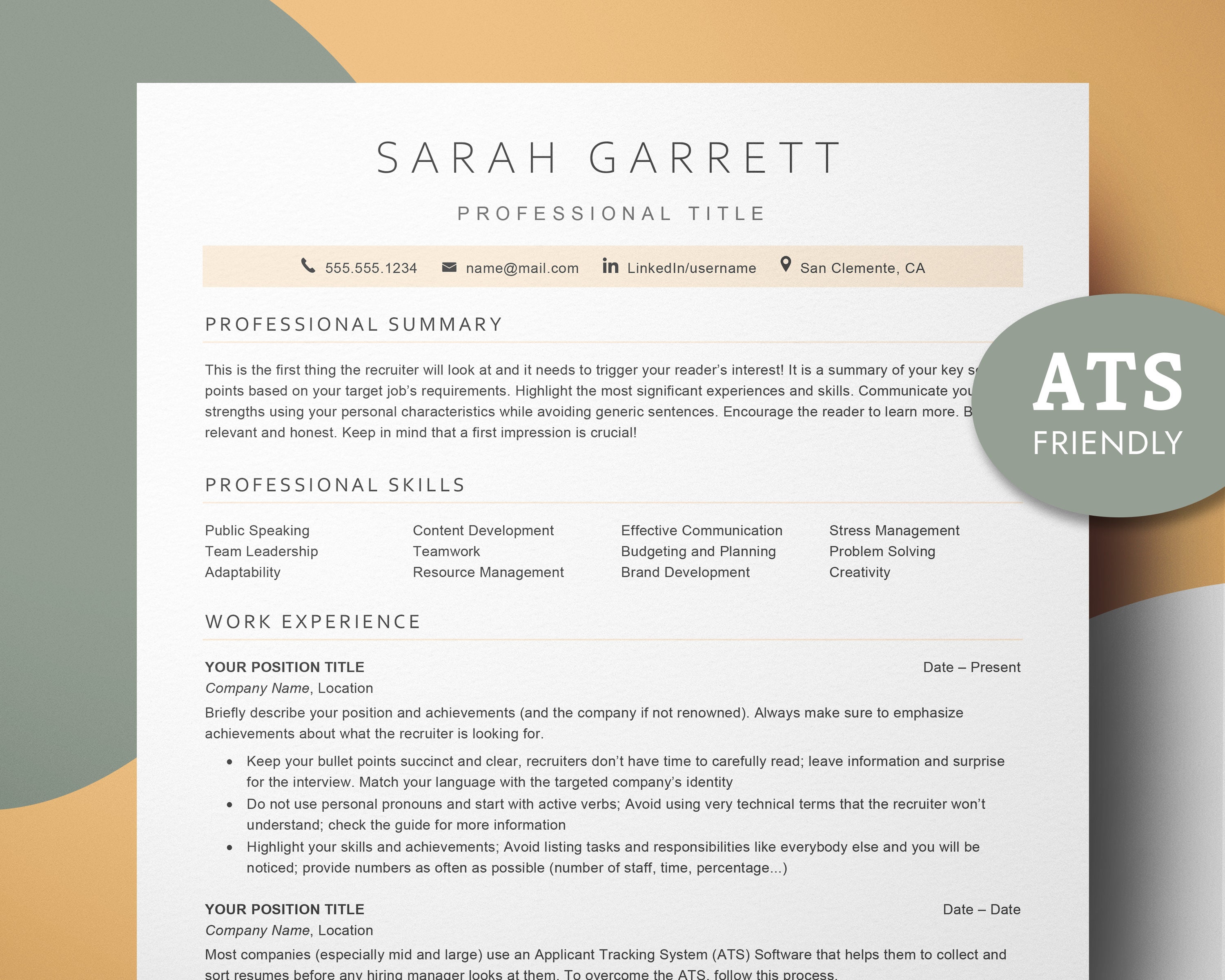 ATS Friendly Resume Template for Google Docs and Word, Professional ...
