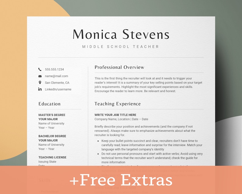 Modern Resume Template Teacher for Google Docs & Word, Teacher CV ...