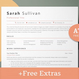 May include: A resume template with the name "Sarah Sullivan" at the top, followed by contact information and a professional title. The resume includes sections for skills and work experience, with bullet points and the text "ATS FRIENDLY".