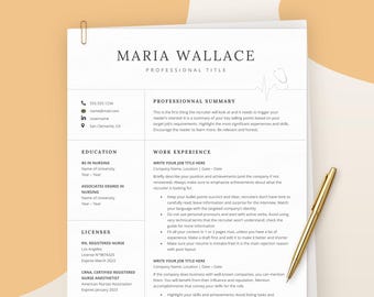 Registered Nurse Resume, RN Resume Template, Nursing Student Resume, Nurse Resume, New Grad Nurse, CV Template Nurse, Medical Assistant