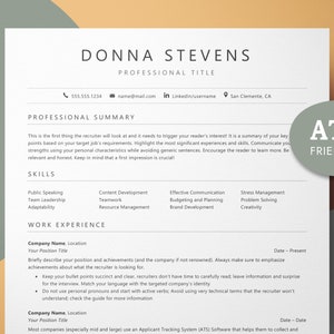 May include: A resume template with a professional design. The template includes sections for a professional summary, skills, and work experience. The template is ATS-friendly, which means it is formatted in a way that is easily read by applicant tracking systems.