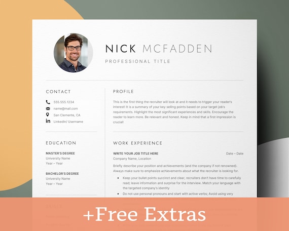Google Docs Resume Template with Photo, Professional Resume CV with Photo, Word Simple Resume Template Modern with Picture, CV with Picture