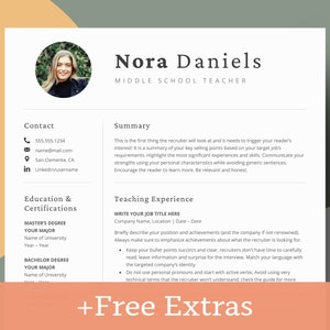 New Teacher Resume Template With Photo, Education CV Word, Google Docs, Professional CV Teacher, High School, Elementary School Teacher