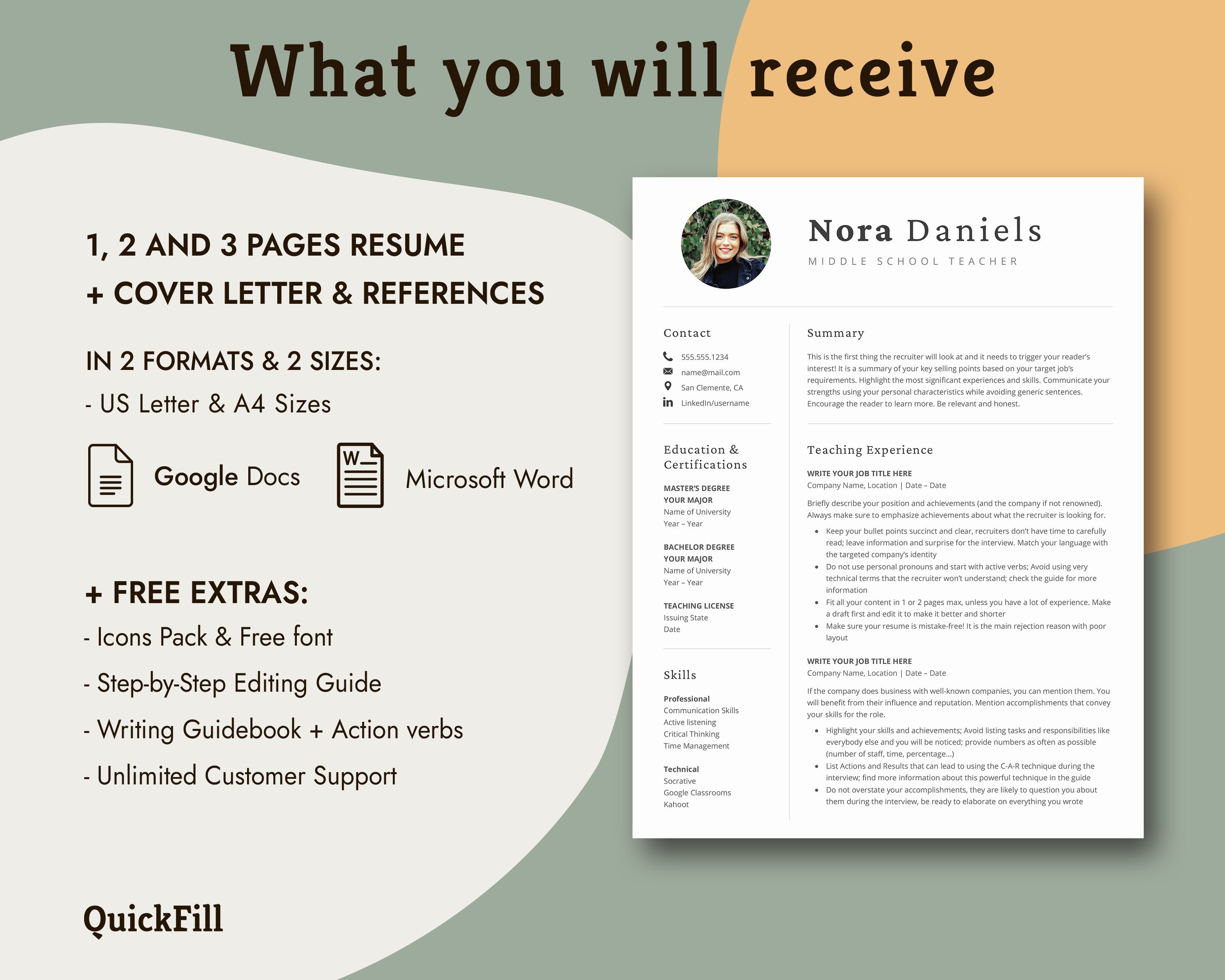 New Teacher Resume Template With Photo, Education CV Word, Google Docs ...
