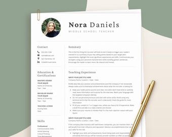 New Teacher Resume Template With Photo, Education CV Word, Google Docs, Professional CV Teacher, High School, Elementary School Teacher