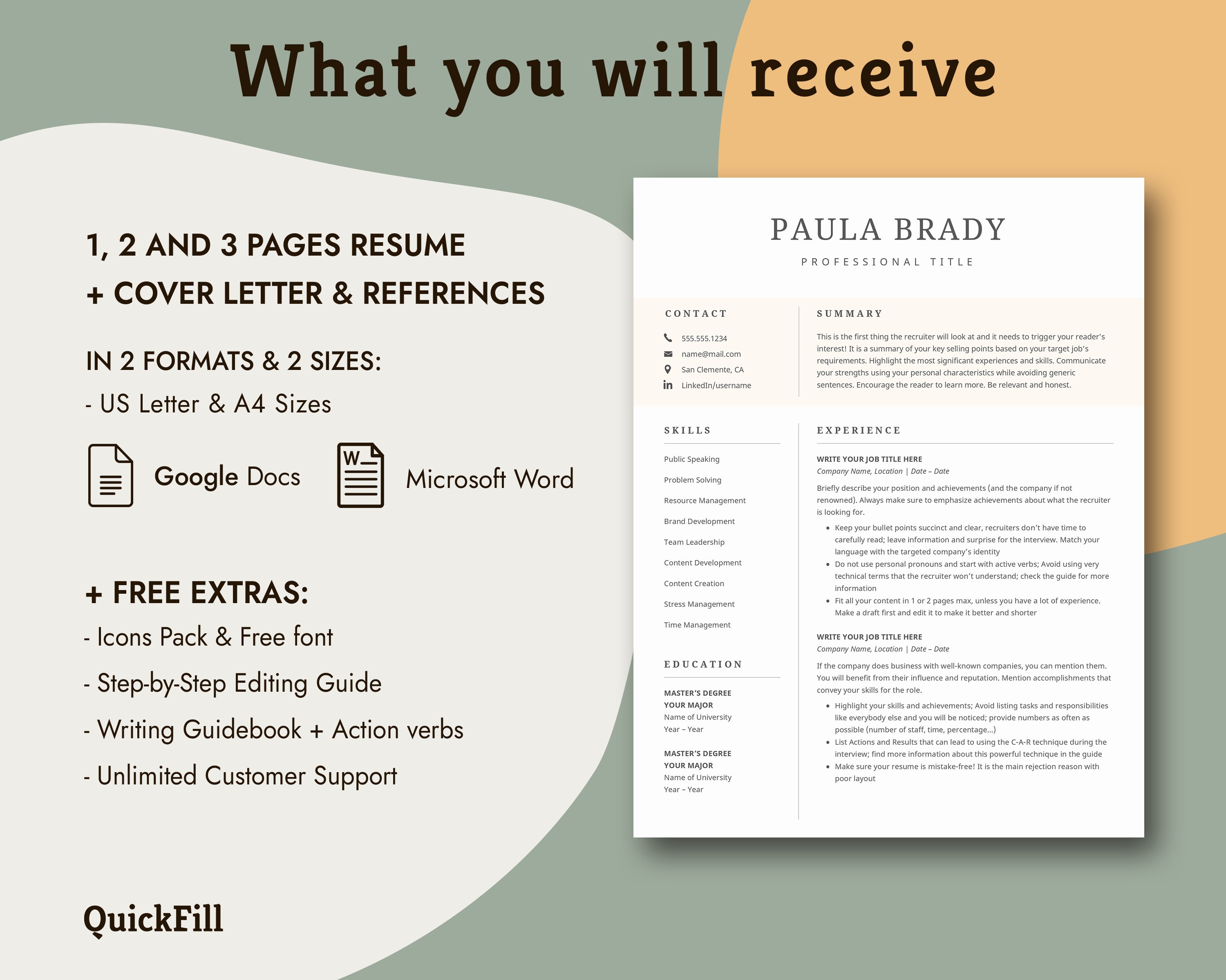 Google Drive & Word Resume Template, Professional Clean Modern Resume ...