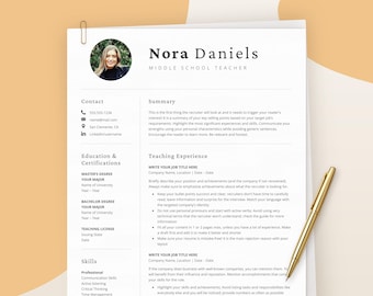 New Teacher Resume Template With Photo, Education CV Word, Google Docs, Professional CV Teacher, High School, Elementary School Teacher