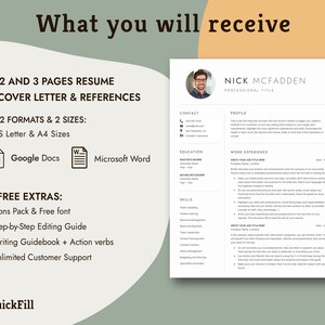 You will receive 1, 2 and 3 pages resume template with photo in US letter size and A4 size. It's available for MS Word and Google Docs. It offers additional icons pack, guidebooks and unlimited customer support for free