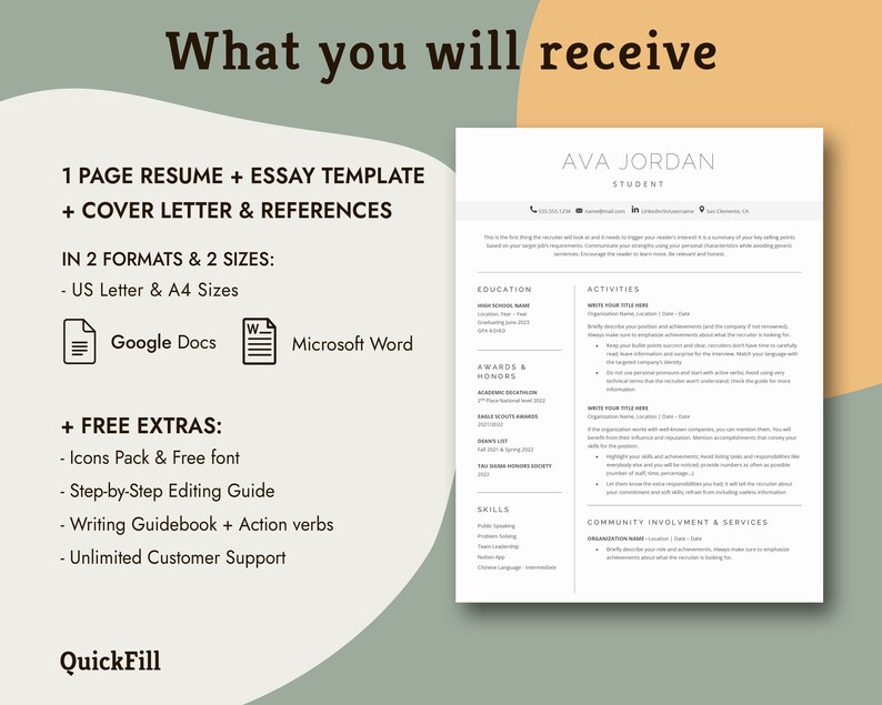 high school student resume template pack with free cover letter. Word student resume, google docs student resume