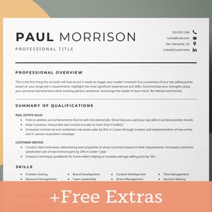 Puede incluir: Una plantilla de currículum vitae con el nombre "PAUL MORRISON" en la parte superior. El currículum incluye secciones para la descripción general profesional, las calificaciones, el servicio al cliente y las habilidades. El texto "+Free Extras" está en la parte inferior.