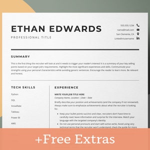 May include: A resume template with the name "ETHAN EDWARDS" at the top. The resume includes sections for a summary, tech skills, and experience. The text "+Free Extras" is at the bottom. The resume is in black text on a white background.