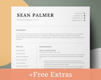 May include: A resume template with a modern design. The template includes sections for a summary, skills, and experience. The text "+Free Extras" is at the bottom of the page.