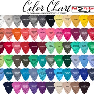 May include: Color chart for Gildan 64000 unisex softstyle t-shirts. The chart shows a variety of colors, including white, black, red, blue, green, yellow, and purple.