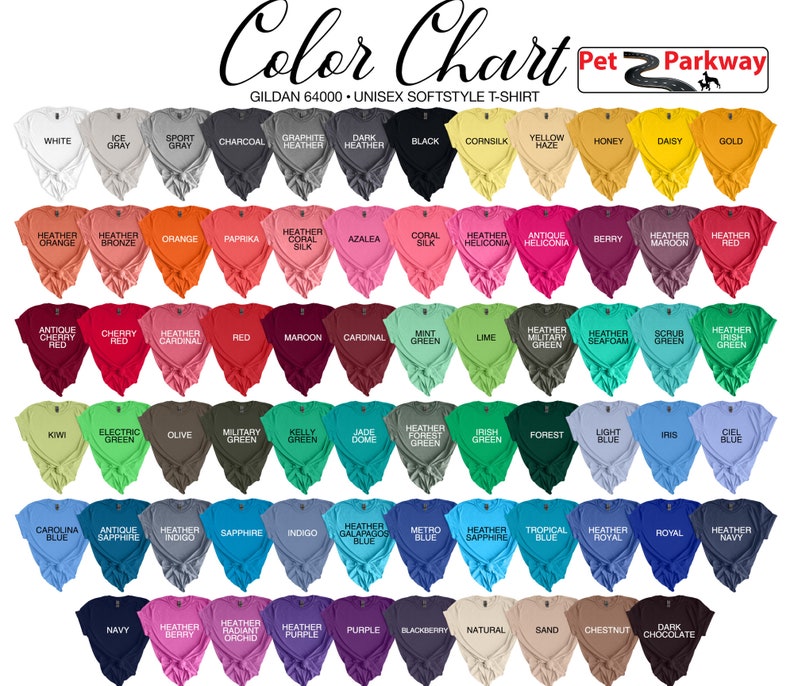 May include: Color chart for Gildan 64000 unisex softstyle t-shirts. The chart shows a variety of colors, including white, black, red, blue, green, yellow, and purple.