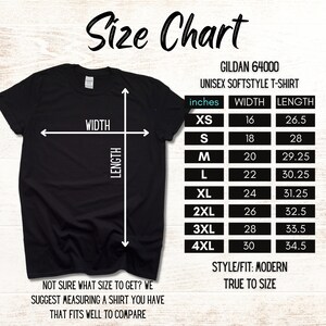 May include: Size chart for a Gildan 64000 unisex softstyle t-shirt. The chart shows sizes XS through 4XL with corresponding width and length measurements in inches.