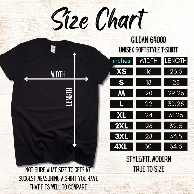 May include: Size chart for a Gildan 64000 unisex softstyle t-shirt. The chart shows sizes XS through 4XL with corresponding width and length measurements in inches.