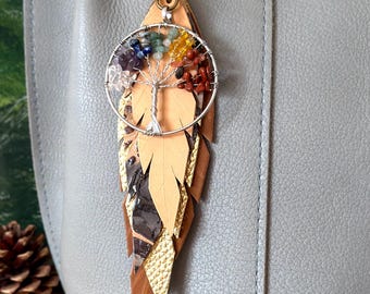 Leather Feather Tassel Keychain, Handbag Purse Charm with Pendant