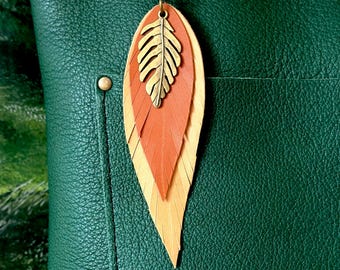 Leather Feather Tassel Keychain, Handbag Purse Charm with Pendant