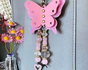 Handmade Leather Butterfly Bag Charm: Personalized Keychain Tassel