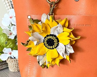 Handcrafted Leather Sunflower Bag Charm, Purse Accessory