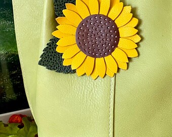 Leather Sunflower Bag Charm, Handmade Purse Tassel Keychain