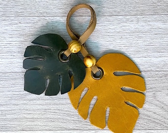 Handmade Leather Monstera Leaf Purse Charm, Handbag Tassel