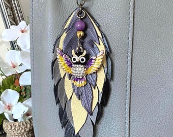 Leather Feather Tassel Keychain, Handbag Purse Charm with Pendant