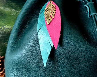 Leather Feather Tassel Keychain, Handbag Purse Charm with Pendant