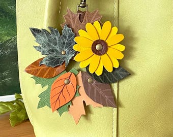 Handmade Leather Fall Leaves Charm, Autumn Purse Tassel