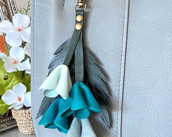 Leather Bag Charm Tassel Keychain, Handmade Genuine Leather Purse Charm with Flower, Boho Handbag Accessory Gift