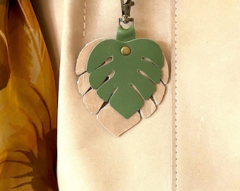 Monstera Leaf Leather Purse Charm, Handmade Tassel Keychain