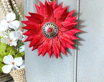 Handmade Leather Flower Purse Charm, Custom Bag Keychain